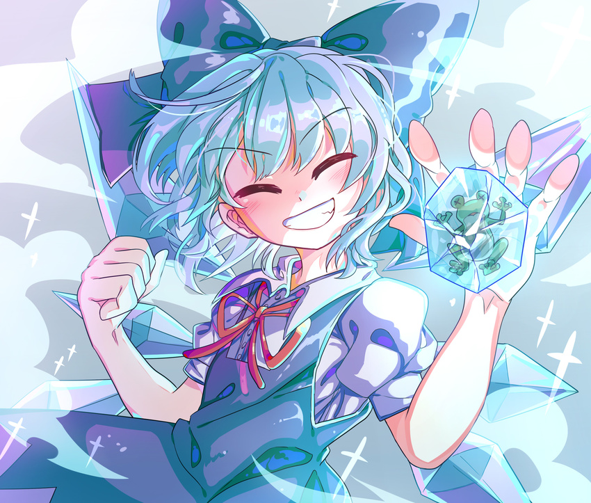 asuku_(69-1-31) blue_background blue_bow blue_dress blue_hair bow cirno clenched_hand closed_eyes collared_shirt dress eyebrows_visible_through_hair facing_viewer fairy_wings frog frozen_frog grin hair_bow highres ice ice_wings neck_ribbon puffy_short_sleeves puffy_sleeves red_ribbon ribbon shirt short_hair short_sleeves simple_background smile solo sparkle steam teeth touhou upper_body white_shirt wings x_x