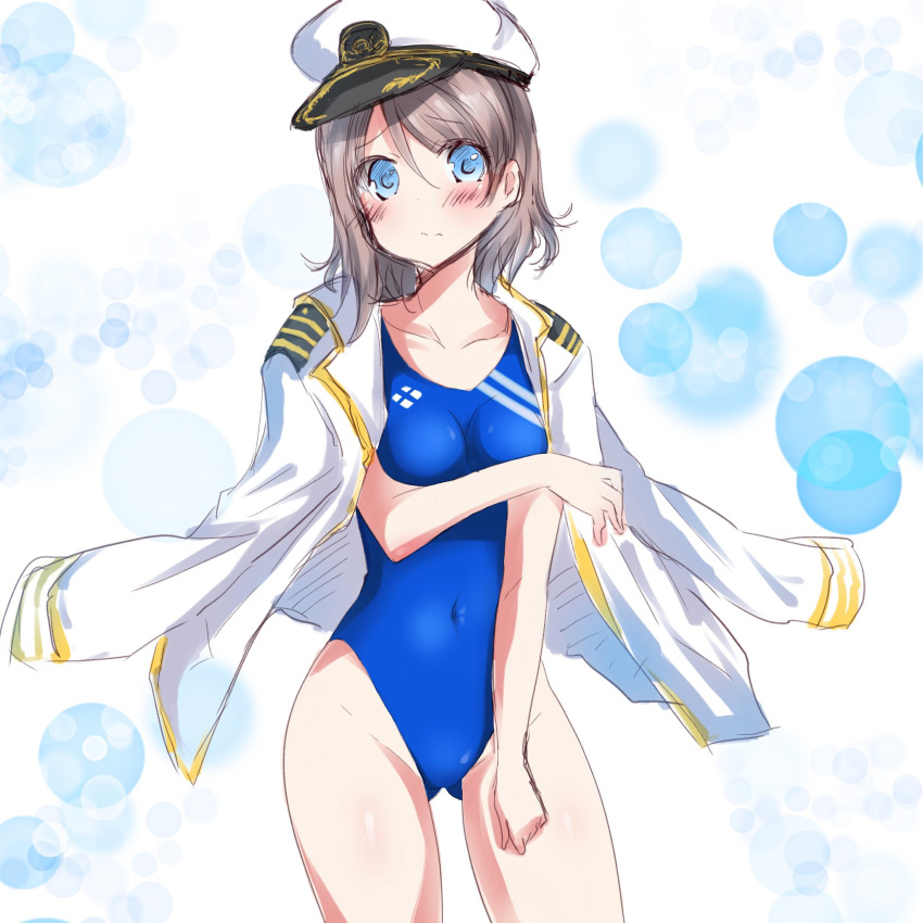 1girl ass_visible_through_thighs blue_eyes blue_swimsuit breasts clothes_on_shoulders commentary_request competition_swimsuit covered_navel cowboy_shot grey_hair hat highres jacket_on_shoulders looking_at_viewer love_live! love_live!_sunshine!! medium_breasts military military_uniform naval_uniform one-piece_swimsuit peaked_cap short_hair solo standing swimsuit uniform watanabe_you white_background white_hat zero-theme