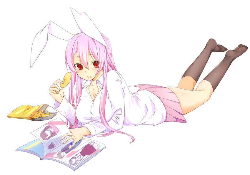 absurdres animal_ears black_legwear blush breasts bunny_ears chips cleavage collarbone commentary_request dress_shirt food full_body hair_between_eyes highres large_breasts long_hair long_sleeves looking_at_viewer lying magazine miniskirt on_stomach pink_hair pink_skirt potato_chips reading red_eyes reisen_udongein_inaba shirt skirt socks solo touhou white_shirt yukina_(masyumaro610)