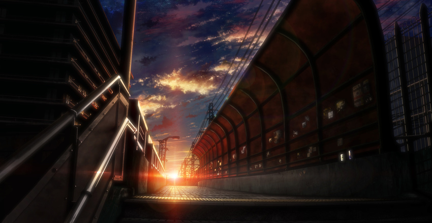 building city cloud commentary dark highres lens_flare no_humans original poster_(object) power_lines scenery sky stairs star_(sky) sunrise tokuninashi_(uorat) vanishing_point