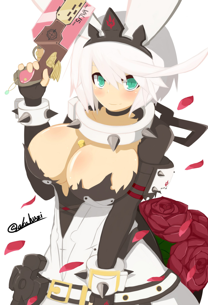 absurdres akahuzi blush breasts choker cleavage elphelt_valentine flower green_eyes guilty_gear guilty_gear_xrd gun highres holding holding_weapon large_breasts rose smile solo spoilers twitter_username weapon white_hair wrist_cuffs