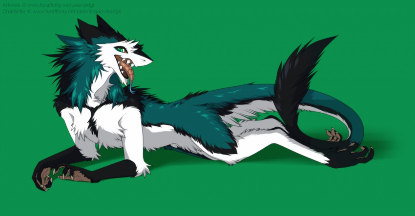 2017 anthro black_fur claws english_text fluffy forked_tongue fur green_background green_eyes green_fur looking_at_viewer lying male nude on_front sergal sidgi signature simple_background solo tail_tuft teeth text toe_claws tongue tongue_out tuft white_fur
