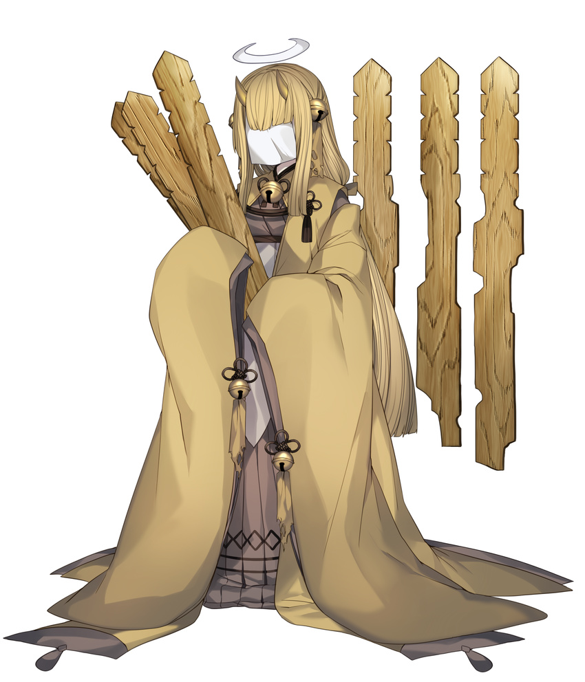 bangs bell blonde_hair commentary_request covered_face full_body gen_3_pokemon halo highres holding horns japanese_clothes katagiri_hachigou long_hair long_sleeves personification pokemon shedinja simple_background sleeves_past_wrists solo white_background wide_sleeves