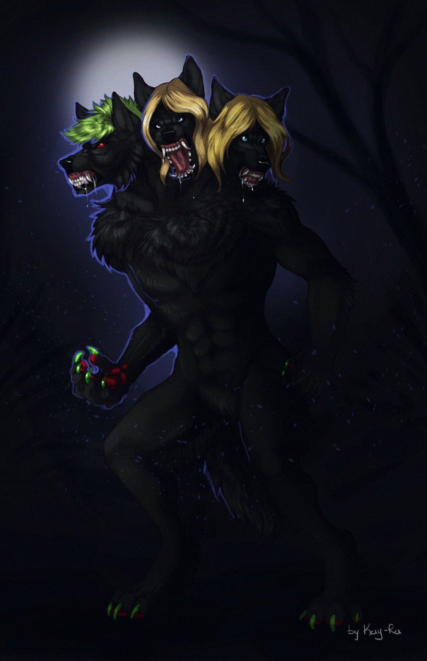 2016 3_heads 4_toes 5_fingers abs anthro black_fur black_nose blonde_hair blue_eyes canine cerberus claws digital_media_(artwork) drooling fangs fur green_hair hair hi_res kay-ra male mammal moon multi_head muscular muscular_male night open_mouth outside pawpads pecs red_eyes red_pawpads saliva sharp_teeth solo teeth toe_claws toes tongue tree