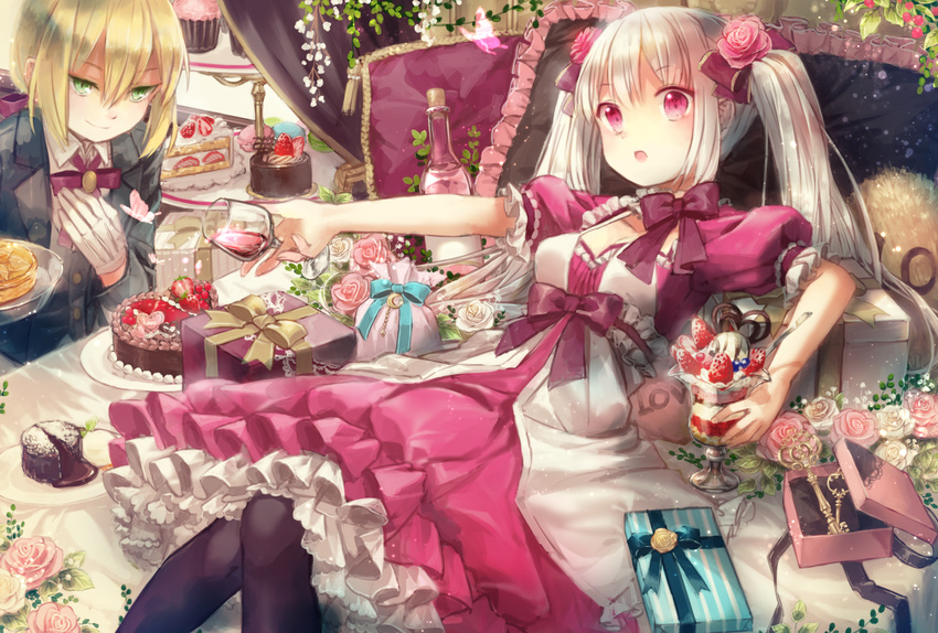 :o black_legwear blonde_hair blueberry bottle box butler cake cake_stand chocolate_cake cup cupcake curtains dress drinking_glass female_butler flower food formal frilled_skirt frills fruit gift gift_box gloves green_eyes hair_between_eyes hair_ribbon hand_on_own_chest heart highres ice_cream key lava_cake layered_dress looking_at_another looking_at_viewer multiple_girls on_bed original outstretched_arm pantyhose parfait pillow pink_flower pink_rose pouring puffy_short_sleeves puffy_sleeves purple_ribbon reclining red_eyes ribbon rose short_hair short_sleeves shortcake silver_hair skirt smile strawberry suit two_side_up white_flower white_gloves white_rose wine_bottle wine_glass yumeichigo_alice