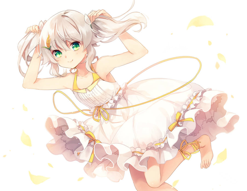 ankle_lace-up ankle_ribbon anklet baimi_(dong-jin_rice-hime) barefoot bunching_hair cross-laced_footwear dong-jin_rice-hime dress frilled_dress frills full_body green_eyes grey_hair holding holding_hair jewelry looking_at_viewer personification ribbon shinia smile solo suiji white_background white_dress