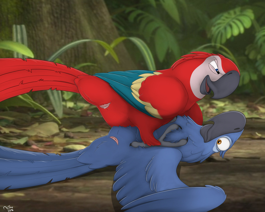 2016 animal_genitalia avian beak bird blu_(rio) blue_feathers blue_macaw claws cloaca detailed_background digital_media_(artwork) duo feathered_wings feathers felipe_(rio) feral feral_on_feral hi_res jungle lying macaw male male/male mcfan missionary_position nude on_back open_mouth outside parrot rio scarlet_macaw sex signature smile tongue tree wings