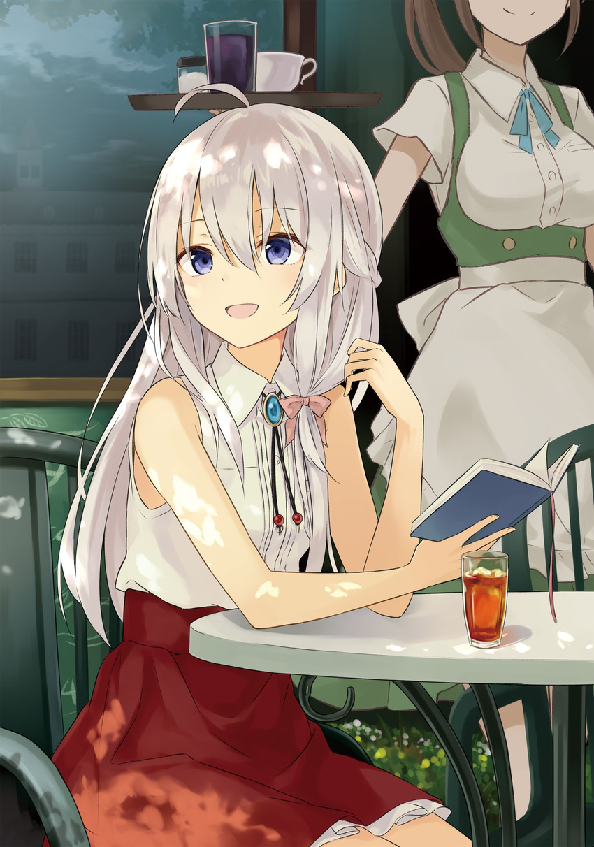 :d absurdres ahoge azuuru bare_shoulders blue_eyes book chair elaina_(majo_no_tabitabi) elbow_rest elbows_on_table glass hair_between_eyes hair_ribbon highres holding holding_book long_hair multiple_girls novel_illustration official_art open_book open_mouth out_of_frame outdoors red_skirt ribbon riviere_to_inori_no_kuni shirt silver_hair sitting skirt sleeveless smile sunlight waitress white_shirt