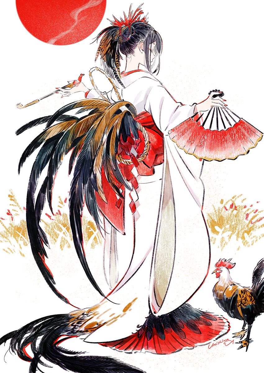 animal bird black_feathers black_hair chicken chinese_zodiac fan feathers full_body hair_ornament highres japanese_clothes kimono long_hair new_year original pipe rooster umishima_senbon year_of_the_rooster