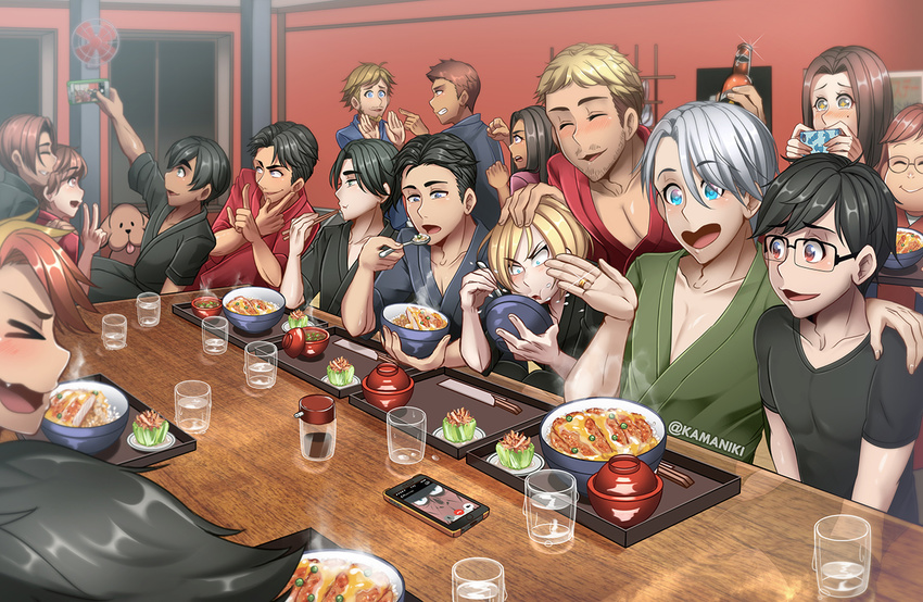 3girls 6+boys ^_^ artist_name bad_id bad_pixiv_id beard beer_bottle black_hair blonde_hair blue_eyes blush bowl brown_eyes brown_hair cellphone chopsticks christophe_giacometti closed_eyes cup dark_skin dark_skinned_male dog drinking_glass eating emil_nekola eyebrows_visible_through_hair facial_hair fang food green_eyes grey_eyes hand_on_another's_head hand_on_another's_shoulder it's_j.j._style! japanese_clothes jean-jacques_leroy jewelry ji_guang-hong kamaniki katsudon_(food) katsuki_hiroko katsuki_yuuri lee_seung-gil leo_de_la_iglesia makkachin michele_crispino minami_kenjirou mole mole_under_eye multicolored_hair multiple_boys multiple_girls okukawa_minako open_mouth otabek_altin phichit_chulanont phone pointing red_hair ring sara_crispino self_shot silver_hair smartphone smile sparkle spoon table tears v viktor_nikiforov yakov_feltsman yuri!!!_on_ice yuri_plisetsky