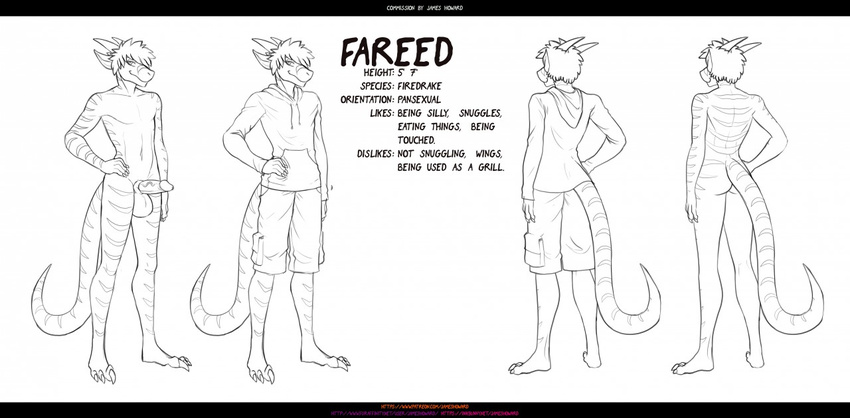 anthro claws clothing cute dragon fareed hair horn invalid_tag james_howard long_ears male nude scalie simple_background solo stripes western_dragon