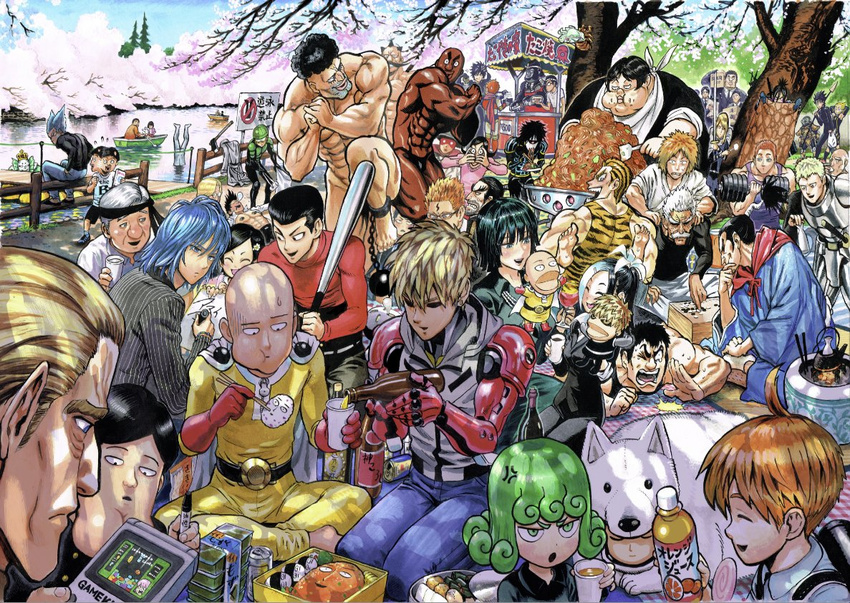 :d :o ^_^ ^o^ afro ahoge anger_vein angry animal_costume animal_print armor atomic_samurai bald ball_and_chain bang_(one-punch_man) bankenman bara barefoot baseball_bat beer_bottle belt big_nose black_eyes black_hair black_shirt blonde_hair blue_eyes blue_hair blush board_game boat bodysuit bottle box boy_on_top brand_name_imitation butagami can cape chain character_doll character_request charanko cherry_blossoms chibi chibi_inset chopsticks chougoukin_kurobikari clenched_hand clenched_teeth cloak closed_eyes closed_mouth colorized convenient_censoring cup curly_hair dappled_sunlight dark_skin day denim dog_costume doutei_(one-punch_man) drink dumbbell eating elbow_gloves everyone expressionless facial_hair facial_scar fat fire flower food food_on_face formal fubuki_(one-punch_man) full_armor full_body game_boy garou_(one-punch_man) genos glasses gloves green_eyes green_hair hair_flower hair_ornament hand_on_own_chin hand_puppet handheld_game_console headband holding holding_bottle holding_cup iaian ikemen_kamen_amaimask indian_style jacket jeans jitome king_(one-punch_man) kinzoku_bat knight kudou_kishi leaning_forward leg_up lily_pad long_sleeves looking_back looking_to_the_side lying marker multicolored_hair multiple_boys multiple_girls mumen_rider murata_yuusuke muscle mustache noodles nude old_man on_ground on_stomach one-punch_man onigiri onsoku_no_sonic open_mouth orange_juice outdoors pants paper petals picnic pinstripe_suit playing_games ponytail profile puppet puri_puri_prisoner red_gloves red_shirt rimless_eyewear river saitama_(one-punch_man) sansetsukon_no_lily scar sea_king_(one-punch_man) seiza senkou_no_flash shaded_face sheath sheathed shirt short_hair shougi sign sitting sleeping smile soda_can soles spatula spiked_hair spring_(season) standing standing_on_one_leg striped suit sunlight sweatdrop sword tank_top tatsumaki teeth thick_eyebrows thinking tiger_print toes topless tree two-tone_hair upside-down v-shaped_eyebrows water watercraft weapon weightlifting white_cape white_jacket white_pants wince wrinkles writing yellow_bodysuit