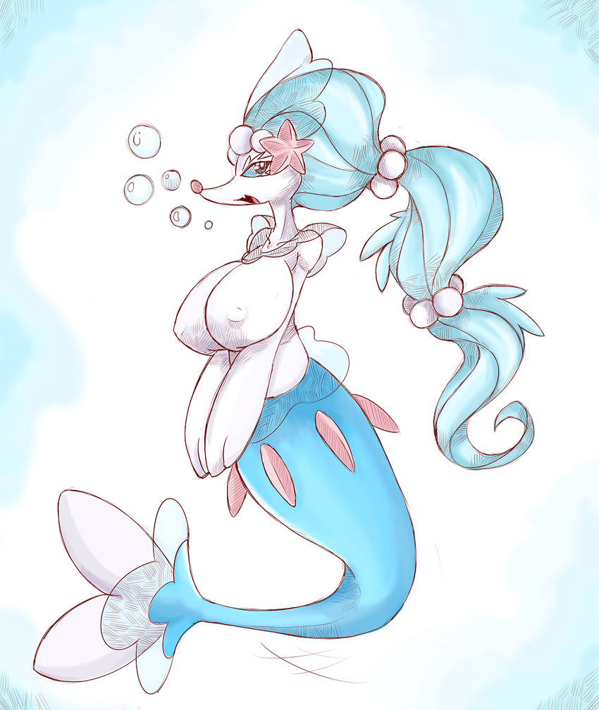 big_breasts blue_hair blue_skin breasts cladz hair nintendo nude open_mouth pink_nose pok&eacute;mon primarina simple_background solo video_games white_skin