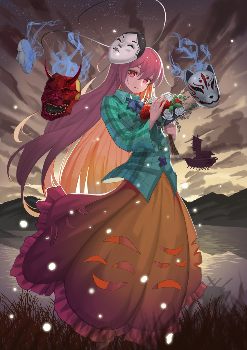 blue_bow blue_neckwear bouquet bow bowtie cloud cloudy_sky collared_shirt flower fox_mask green_shirt hannya hata_no_kokoro highres lake long_hair long_skirt long_sleeves looking_at_viewer mask noh_mask oni_mask outdoors palanquin_ship pink_eyes pink_hair plaid plaid_shirt recare red_flower red_rose rose shirt skirt sky solo standing star_(sky) starry_sky touhou water white_flower white_rose wing_collar