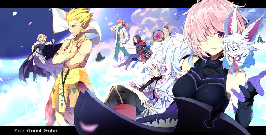 6+boys absurdres animal armor assassin_(fate/zero) bare_shoulders bedivere blonde_hair bow cape character_request cloud copyright_name cowter earrings edmond_dantes_(fate/grand_order) elbow_gloves fate/apocrypha fate/grand_order fate/prototype fate/prototype:_fragments_of_blue_and_silver fate/stay_night fate_(series) fou_(fate/grand_order) gauntlets gilgamesh gloves hair_over_one_eye hassan_of_serenity_(fate) highres jeanne_d'arc_(fate) jeanne_d'arc_(fate)_(all) jewelry kazenoko king_hassan_(fate/grand_order) leonardo_da_vinci_(fate/grand_order) long_hair looking_at_viewer mash_kyrielight merlin_(fate) multiple_boys multiple_girls necklace orange_hair petals pink_hair ponytail purple_eyes romani_archaman short_hair sitting smile staff standard_bearer standing thighhighs true_assassin weapon white_hair wind