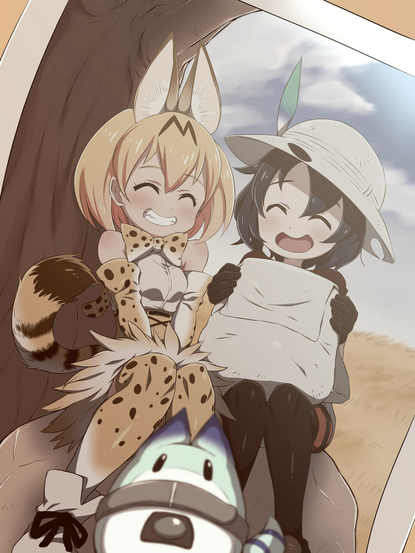 :d ^_^ animal_ears backpack bag black_hair blonde_hair bow bowtie closed_eyes commentary_request elbow_gloves gloves grin hat hat_feather helmet highres kaban_(kemono_friends) kemono_friends konboi-eg lucky_beast_(kemono_friends) multicolored_hair multiple_girls open_mouth pantyhose photo_(object) pith_helmet rock serval_(kemono_friends) serval_ears serval_print serval_tail shirt short_hair smile tail tree |d