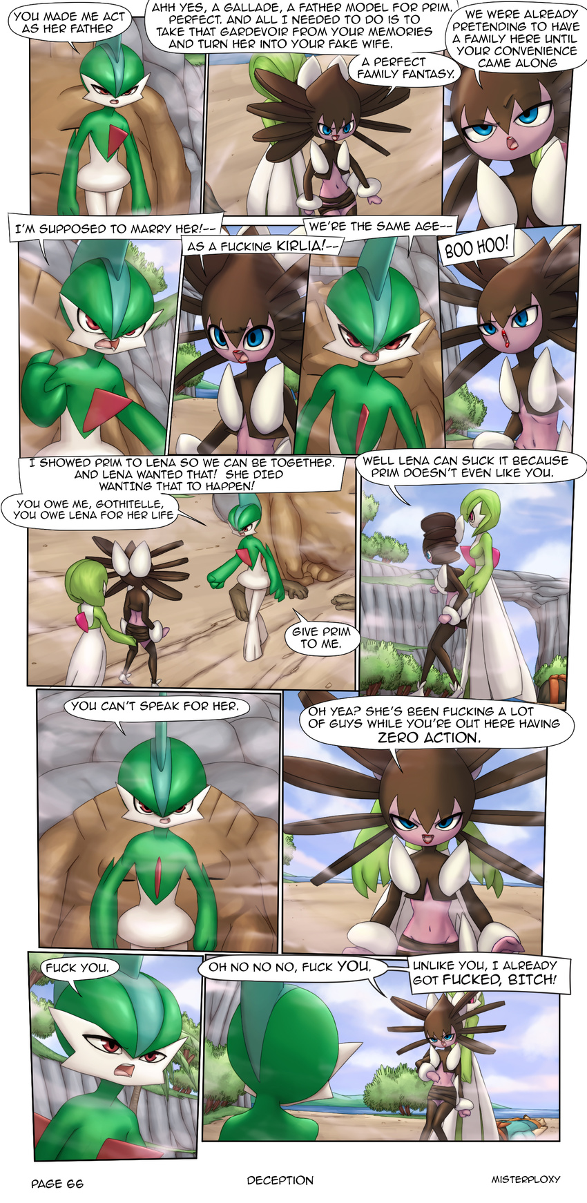 angry blue_eyes breasts cleavage clothed clothing comic englieh_text eyes_closed female gallade gardevoir gothitelle graveler human male mammal masterploxy navel nintendo open_mouth pok&eacute;mon purplez_eyes red_eyes teeth text tongue video_games
