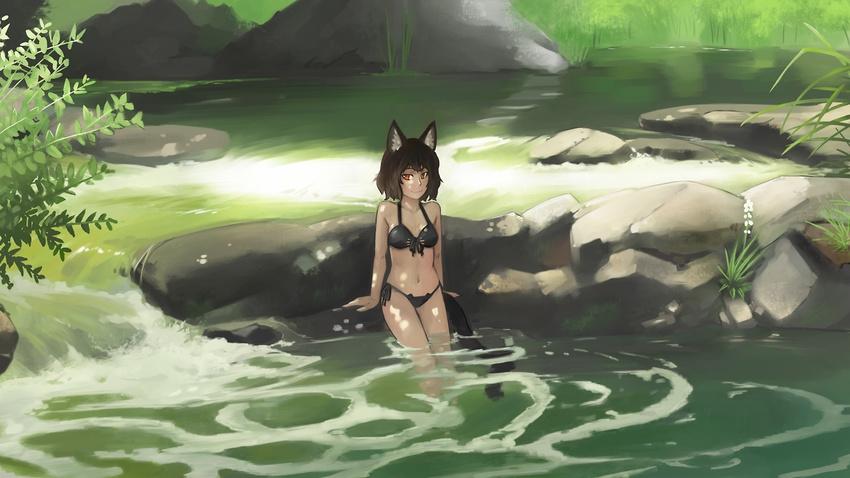 1girl against_object against_rock animal_ears arm_support arms_at_sides bikini black_bikini breasts brown_eyes brown_hair cat_ear_bikini cat_ears cat_girl cat_tail closed_mouth dappled_sunlight day forest front-tie_bikini front-tie_top grass leaf leaning looking_at_viewer medium_breasts nature navel original outdoors paintrfiend river rock short_hair side-tie_bikini smile solo standing sunlight swimsuit tail wading water waterfall