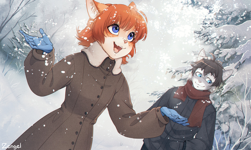 2016 anthro blue_eyes brown_hair cat clothed clothing cute_fangs duo edgar_(iskra) feline female freckles fur gloves grey_fur hair hands_in_pockets iskra jacket male mammal open_mouth open_smile orange_fur orange_hair outside pink_nose scarf smile snow snowing story story_in_description tabby_cat tree vera_(iskra) whiskers white_fur winter