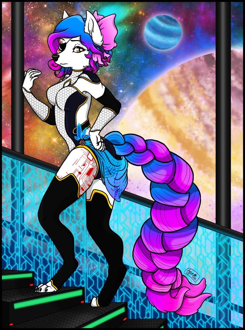 anthro braided_hair braided_tail canine captain clothed clothing eye_patch eyewear female fox hair hologram kali mammal o0aquadragon0o planet science_fiction solo space stairs standing uniform