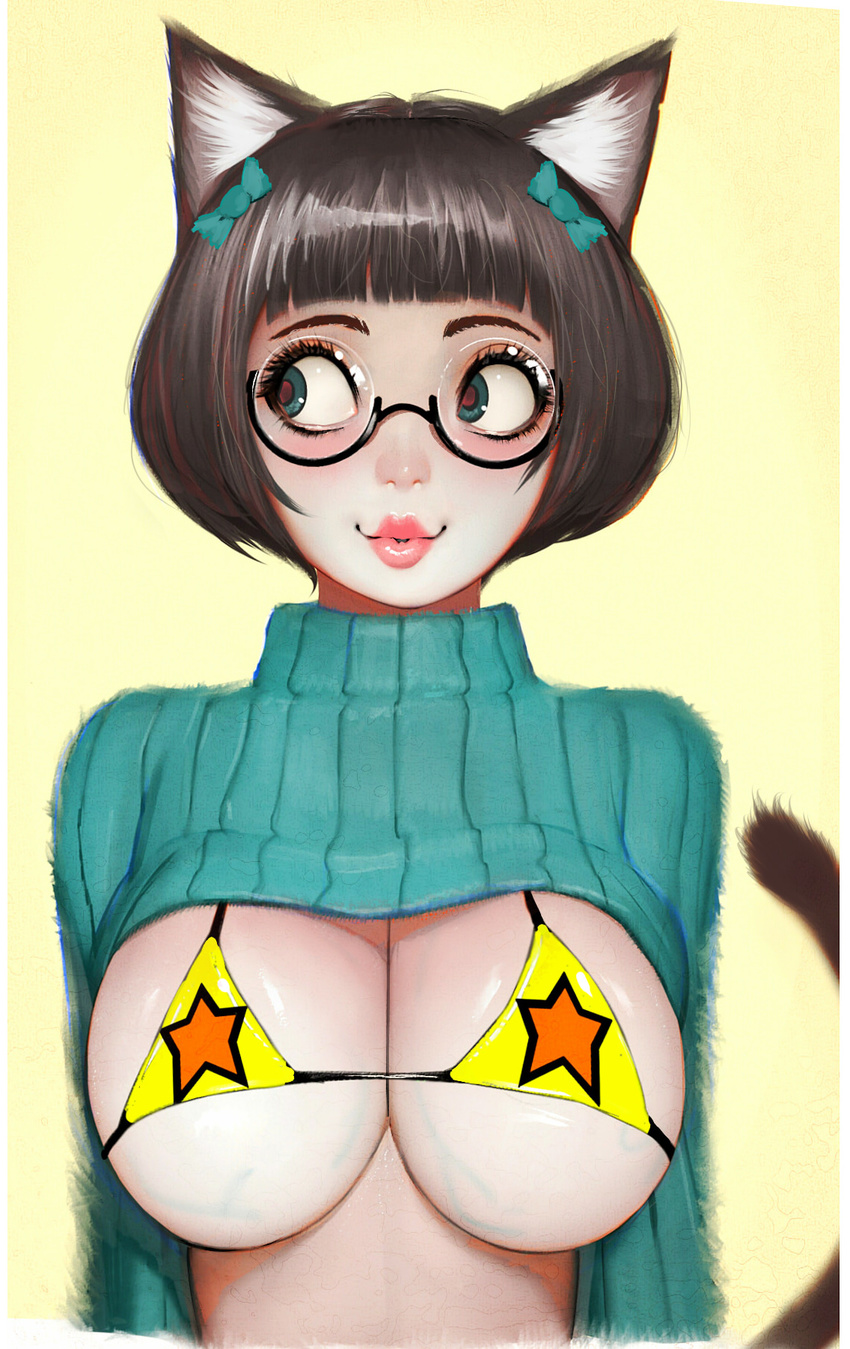 animal_ears bangs bikini_top black-framed_eyewear blunt_bangs bob_cut bow breasts brown_hair cat_ears cat_tail closed_mouth glasses green_bow green_eyes green_sweater hair_bow highres large_breasts looking_to_the_side meme_attire open-chest_sweater original pink_lips randy_(awesomevillage) red_pupils ribbed_sweater round_eyewear short_hair simple_background smile solo star star_print sweater tail turtleneck turtleneck_sweater upper_body veiny_breasts yellow_background yellow_bikini_top