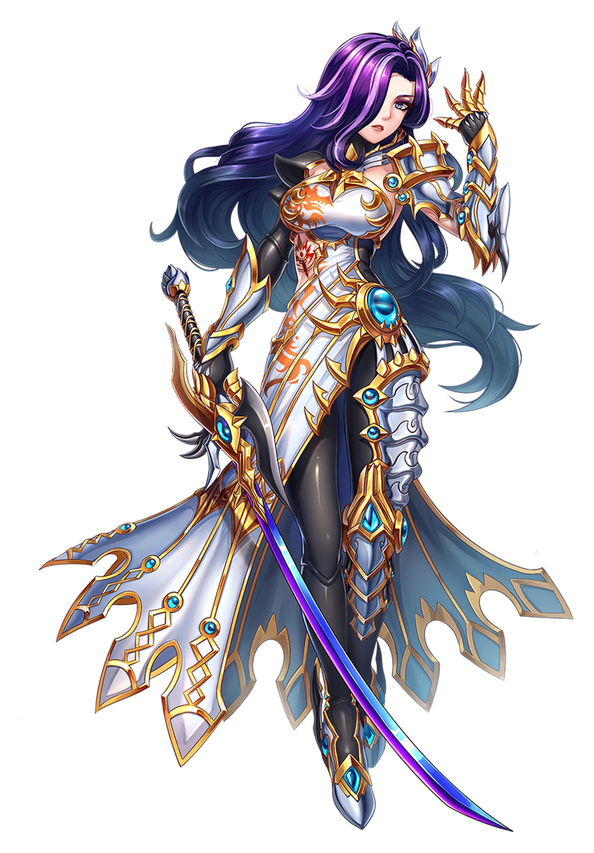 aqua_eyes armor asymmetrical_armor asymmetrical_clothes asymmetrical_legwear brave_frontier dress eyelashes gabriela_(brave_frontier) gauntlets gem gradient_hair highres katana lipstick long_hair makeup multicolored_hair one_eye_covered ornate_clothing purple_hair red_lipstick shoulder_armor side_cutout slit_pupils solo sword tattoo two-tone_hair weapon