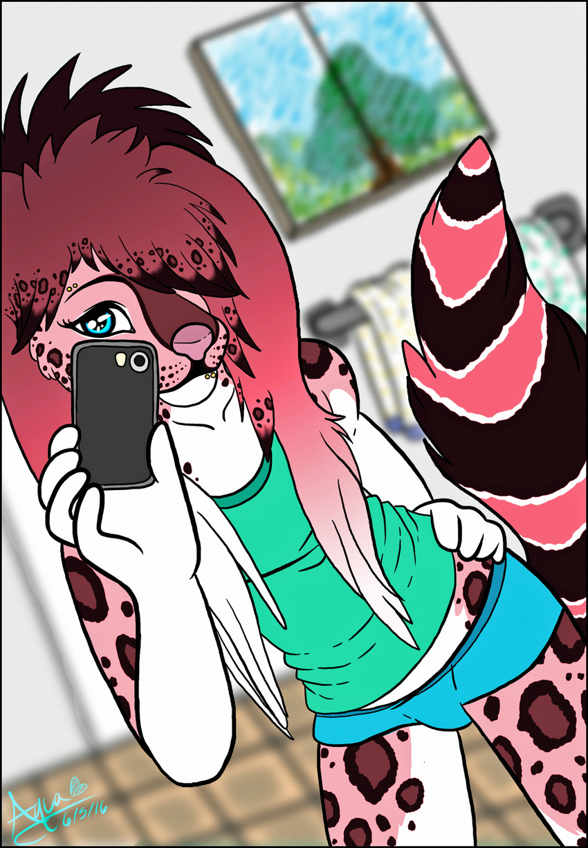 addie anthro bathroom cat cellphone clothed clothing feline hair leopard long_hair looking_at_viewer male mammal o0aquadragon0o panties phone selfie solo spots trap_(disambiguation) underwear