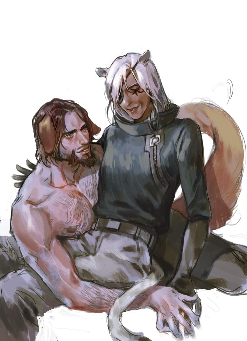 1girl absurdres alternate_costume ana_(overwatch) animal_ears beard dark_skin dog_ears dog_tail eyepatch facial_hair facial_mark facial_tattoo highres long_hair looking_at_viewer mccree_(overwatch) muehe overwatch tail tattoo white_hair