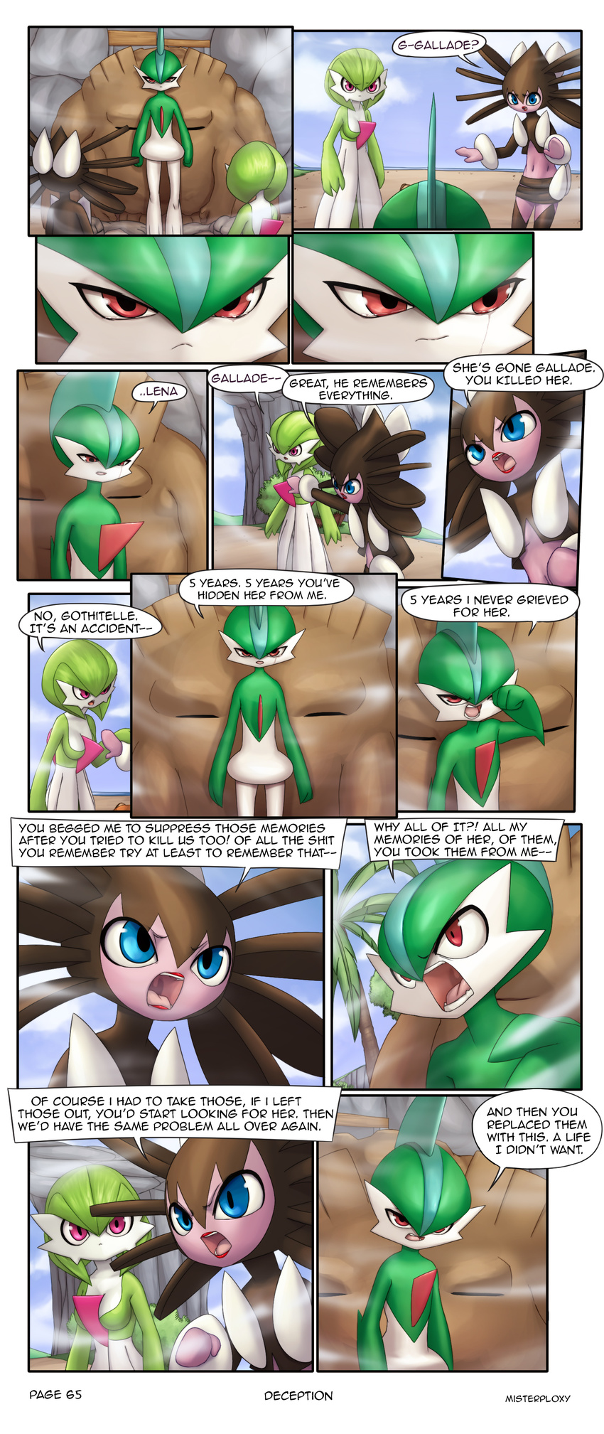 2017 angry blue_eyes breasts cleavage clothed clothing comic english_text eyes_closed female gallade gardevoir gothitelle graveler male masterploxy navel nintendo open_mouth pok&eacute;mon purple_eyes red_eyes tears teeth text tongue video_games