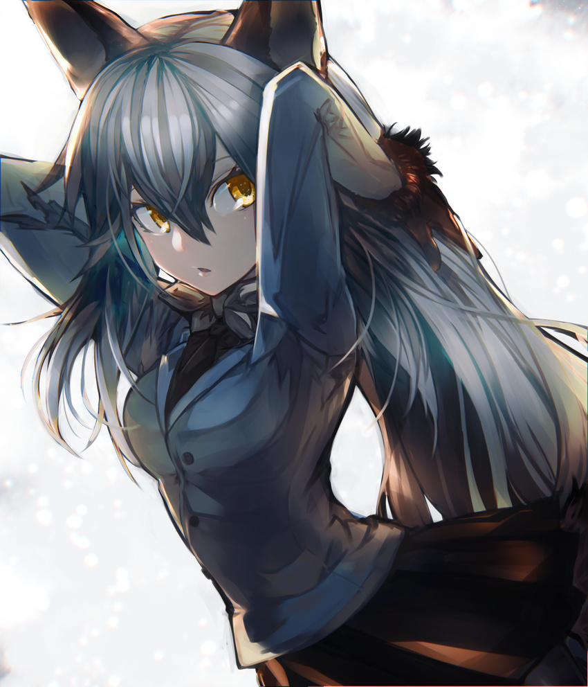 :o animal_ears arms_behind_head arms_up bangs black_bow black_neckwear black_shirt bow bowtie breasts brown_gloves brown_skirt buttons dress_shirt eyebrows_visible_through_hair fox_ears fur-trimmed_sleeves fur_trim gloves grey_bow grey_hair grey_jacket grey_neckwear hair_between_eyes hands_in_hair highres jacket kemono_friends kusakanmuri long_hair long_sleeves looking_away medium_breasts miniskirt necktie open_mouth pleated_skirt pocket shirt silver_fox_(kemono_friends) silver_hair skirt small_breasts solo standing upper_body very_long_hair yellow_eyes