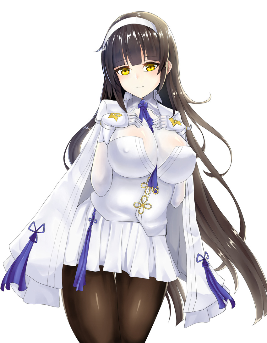 black_hair breasts chixiao girls_frontline gloves hairband headband highres jacket large_breasts long_hair looking_at_viewer pantyhose qbz-95_(girls_frontline) solo white_hairband yellow_eyes