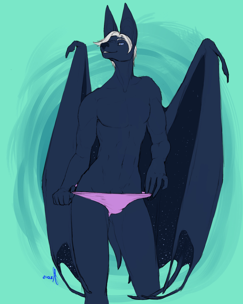 2015 bat bulge claws clothed clothing looking_at_viewer male mammal morenor muscular nightswing panties simple_background smile teasing topless underwear undressing wings