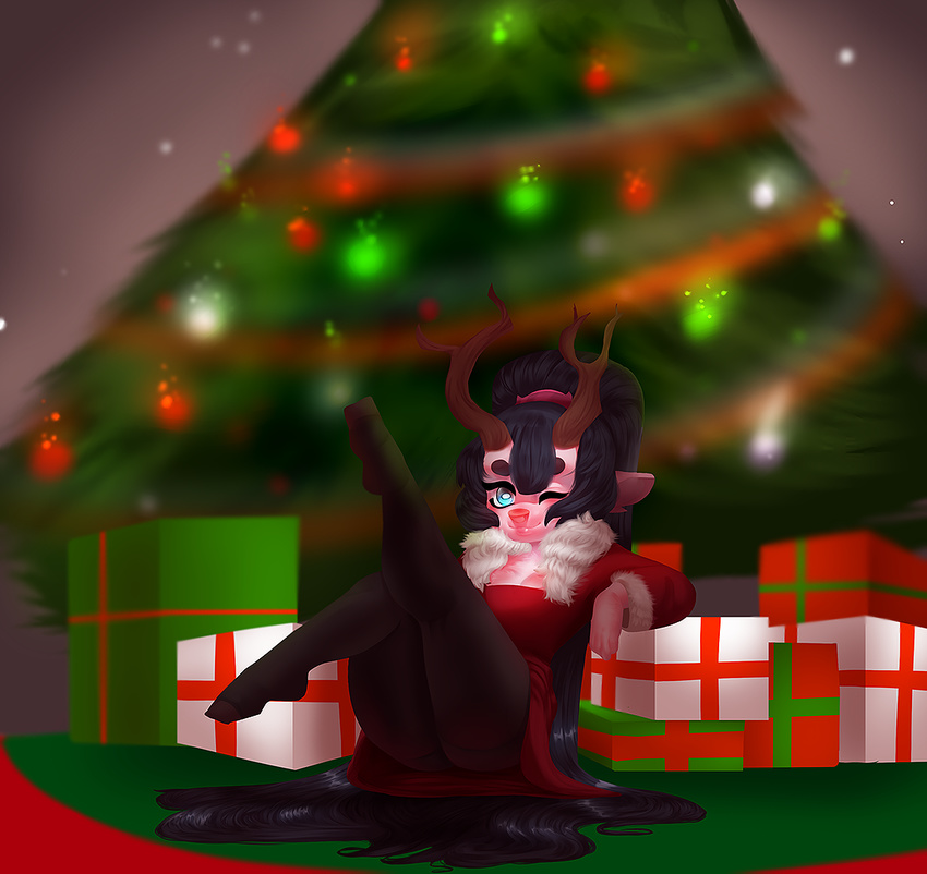 anthro antlers cervine christmas christmas_tree deer female fur hair higgyy holidays horn looking_at_viewer mammal sitting smile solo tree