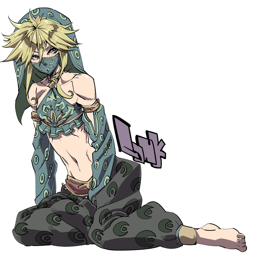 alternate_costume bare_shoulders barefoot blonde_hair blue_eyes blush character_name commentary_request crossdressing detached_sleeves earrings gerudo_link highres jewelry katana_(life_is_beautiful) link looking_at_viewer male_focus midriff navel otoko_no_ko shiny shiny_hair shiny_skin simple_background sitting solo stomach the_legend_of_zelda the_legend_of_zelda:_breath_of_the_wild toned toned_male veil white_background