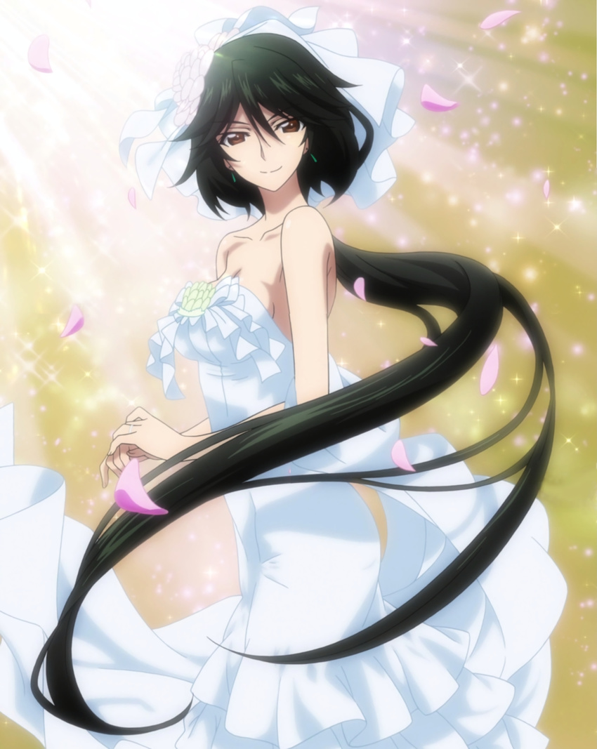 absurdly_long_hair absurdres black_hair breasts brown_eyes cleavage collarbone dress earrings floating_hair from_behind hair_ornament hands_together highres infinite_stratos jewelry long_hair looking_at_viewer medium_breasts non-web_source orimura_chifuyu petals ponytail sleeveless sleeveless_dress smile solo standing strapless strapless_dress very_long_hair wedding_dress white_dress