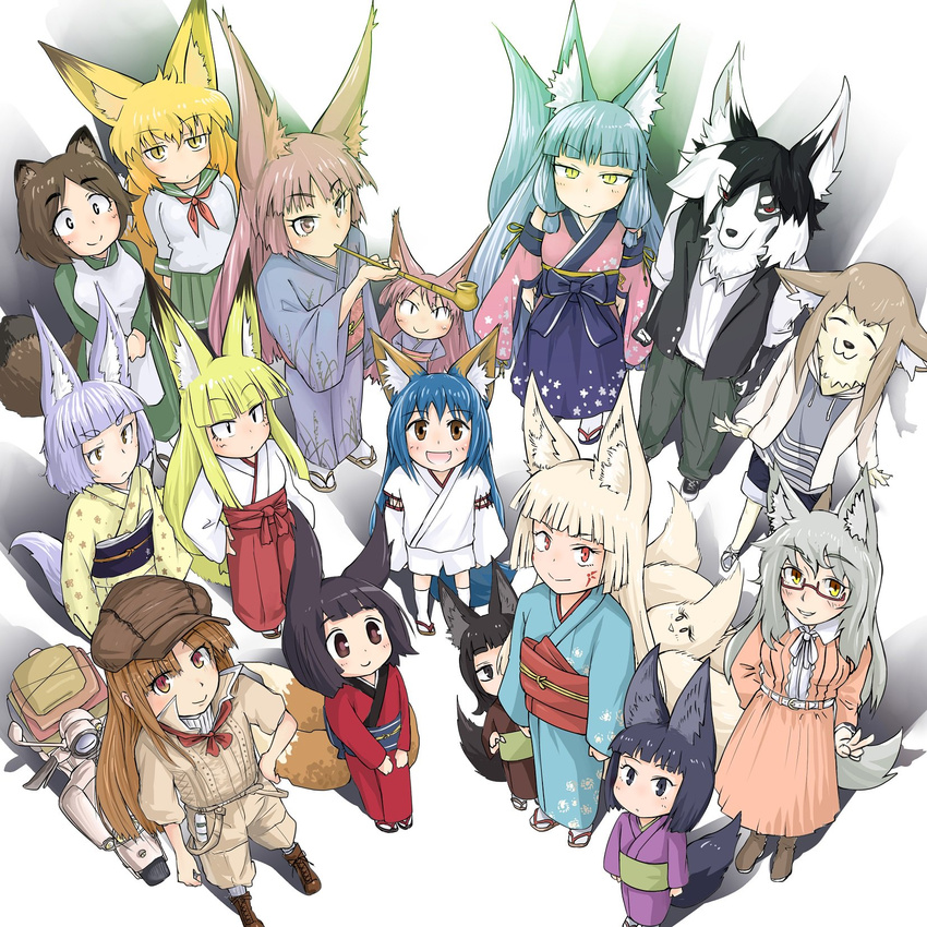 6+girls :3 animal_ears black_hair borrowed_character character_request doitsuken flat_cap fox_ears furry glasses hat japanese_clothes kikuri_(mawaru) kitsunemiko long_hair multiple_girls multiple_tails pipe sakitsune semi-rimless_glasses smoking tail white_background