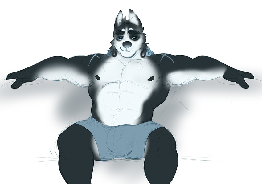 anthro bulge canien clothing higgyy looking_at_viewer male muscular nipples sketch smile solo underwear