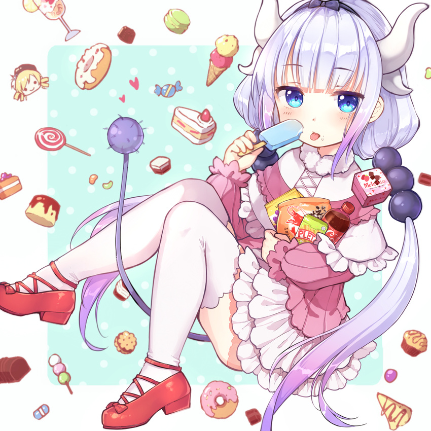 :p bad_id bad_pixiv_id bangs beads beret biscuit black_bow black_hairband blonde_hair blouse blue_eyes blunt_bangs bottle bow cake candy capelet chibi chocolate closed_mouth cola cross-laced_clothes dango double_scoop doughnut dragon_girl dragon_horns dress drill_hair eyebrows_visible_through_hair food frilled_capelet frilled_skirt frills full_body fur_trim gothic_lolita gradient gradient_hair hair_beads hair_bow hair_ornament hairband hat heart highres holding holding_food horns ice_cream ice_cream_cone jitome kamon_(shinshin) kanna_kamui knees_up kobayashi-san_chi_no_maidragon lavender_hair lolita_fashion long_hair long_sleeves looking_at_viewer low_twintails mahou_shoujo_madoka_magica microdress multicolored_hair popsicle purple_hair red_bow red_footwear shoe_bow shoes skirt smile snack solo tail thighhighs tomoe_mami tongue tongue_out twin_drills twintails very_long_hair wagashi white_hair white_legwear