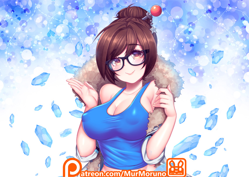 artist_name bangs beads blue_shirt blush breasts brown_eyes brown_hair cleavage closed_mouth coat collarbone covered_nipples eyebrows_visible_through_hair fingernails fur-trimmed_coat fur_coat fur_trim glasses hair_bun hair_ornament hair_stick hands_up highres ice large_breasts long_fingernails long_sleeves looking_at_viewer mei_(overwatch) murmoruno open_clothes open_coat overwatch parka patreon_username pink_lips shirt short_hair sleeveless sleeves_rolled_up smile snowflake_hair_ornament solo tank_top upper_body winter_clothes winter_coat