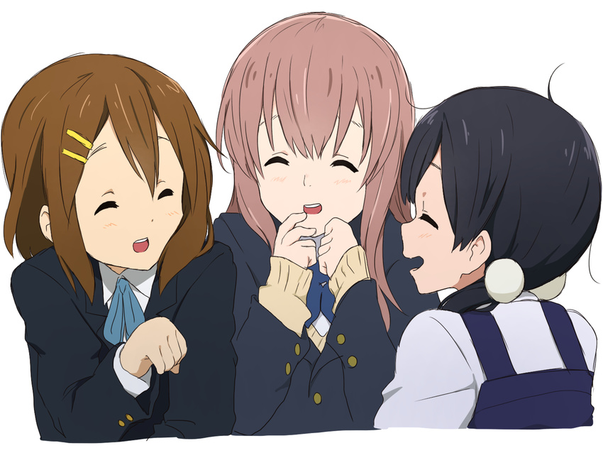 black_hair bow brown_hair closed_eyes company_connection creator_connection hair_ornament hairpin highres hirasawa_yui k-on! kicchi_(tmgk) kitashirakawa_tamako koe_no_katachi kyoto_animation long_hair low_twintails multiple_girls nishimiya_shouko paw_pose sakuragaoka_high_school_uniform school_uniform short_hair simple_background smile tamako_market trait_connection twintails white_background