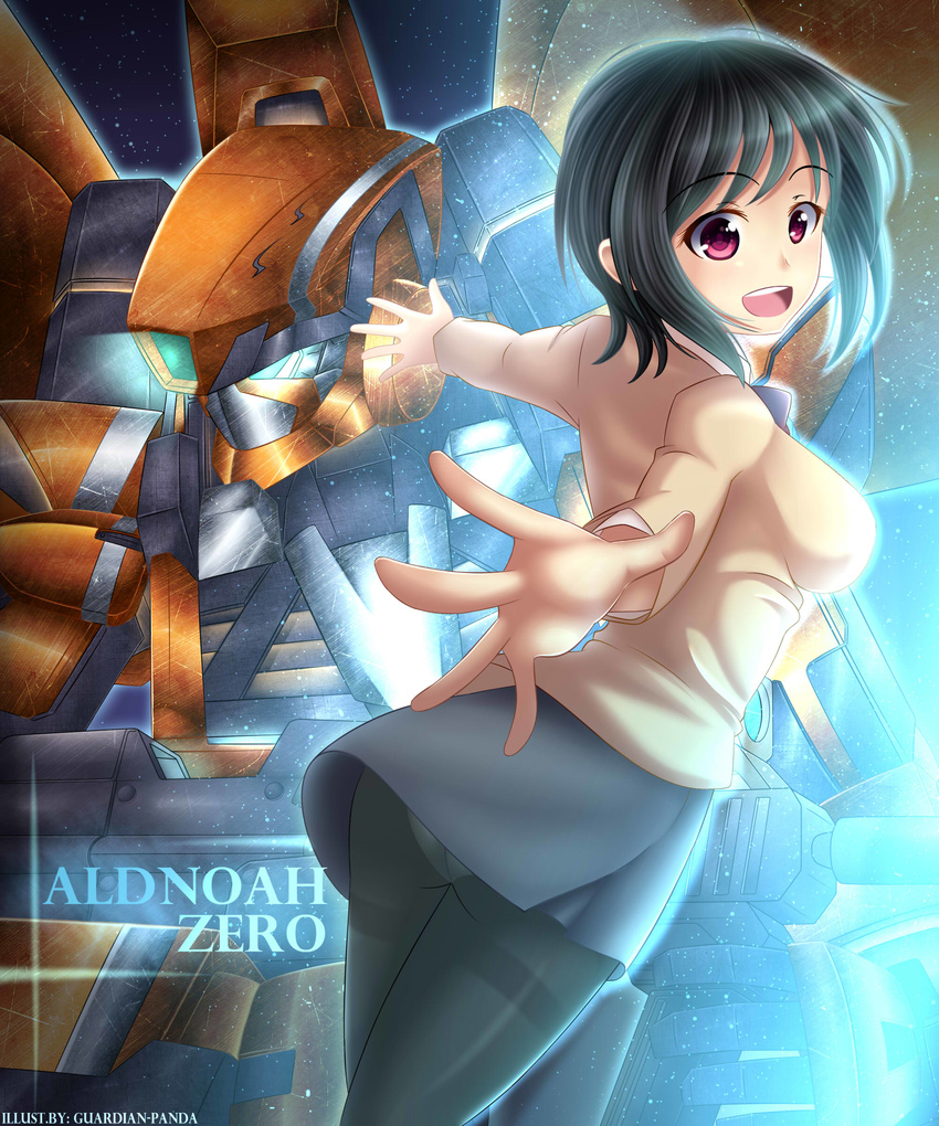 absurdres aldnoah.zero amifumi_inko black_hair breasts english eyebrows_visible_through_hair guardian-panda highres kg-6_sleipnir large_breasts looking_at_viewer looking_back miniskirt pantyhose red_eyes school_uniform short_hair skirt sweater_vest