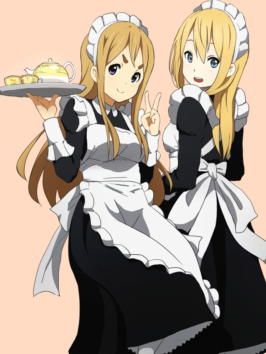 apron blonde_hair blue_eyes cup highres k-on! kicchi_(tmgk) kotobuki_tsumugi long_hair maid maid_apron maid_headdress multiple_girls orange_background saitou_sumire simple_background smile teapot thick_eyebrows tray v