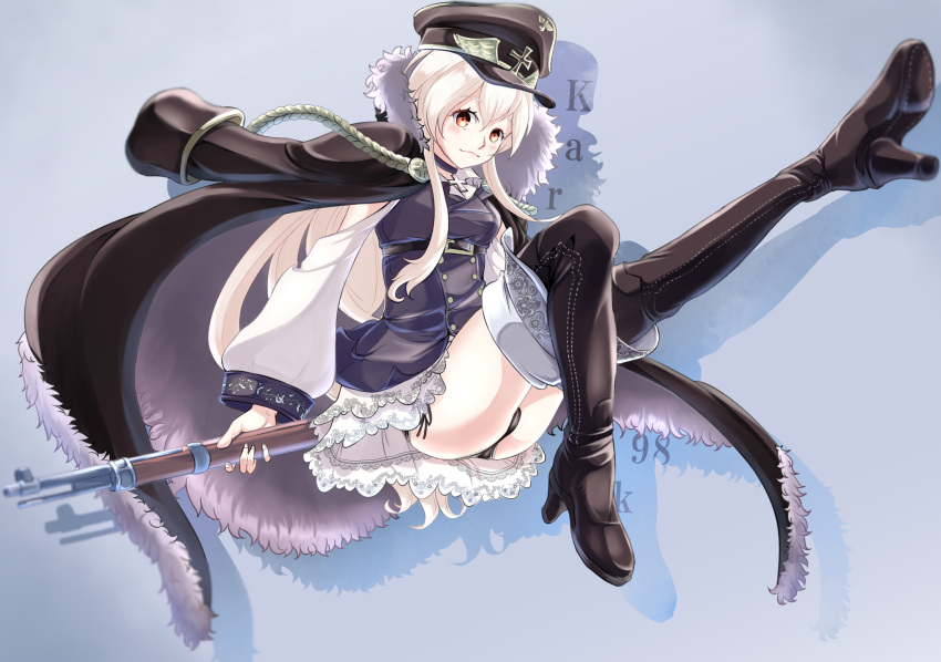 1girl bangs black_choker black_coat black_dress black_footwear black_hat black_panties black_skirt bolt_action boots character_name choker closed_mouth commentary_request cross_choker dress eyebrows_visible_through_hair fur_trim girls_frontline grey_background gun hat high_heel_boots high_heels highres holding holding_gun holding_weapon ikeshiki-chuujou insignia invisible_chair iron_cross jacket_on_shoulders kar98k_(girls_frontline) lace lace-trimmed_panties leg_up light_blush lips long_hair long_sleeves looking_at_viewer mauser_98 panties pantyshot pantyshot_(standing) peaked_cap petticoat red_eyes rifle short_dress side-tie_panties sitting skirt smile solo standing thigh_boots thighhighs underwear very_long_hair weapon white_hair