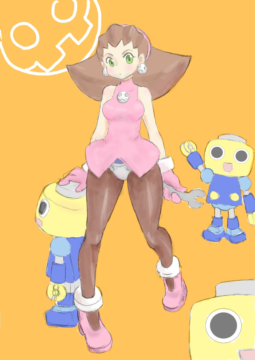 breasts brown_hair capcom codpiece earrings gloves green_eyes hair_slicked_back hairband highres jewelry kobun open_mouth pantyhose pink_hairband rockman rockman_dash short_hair tron_bonne