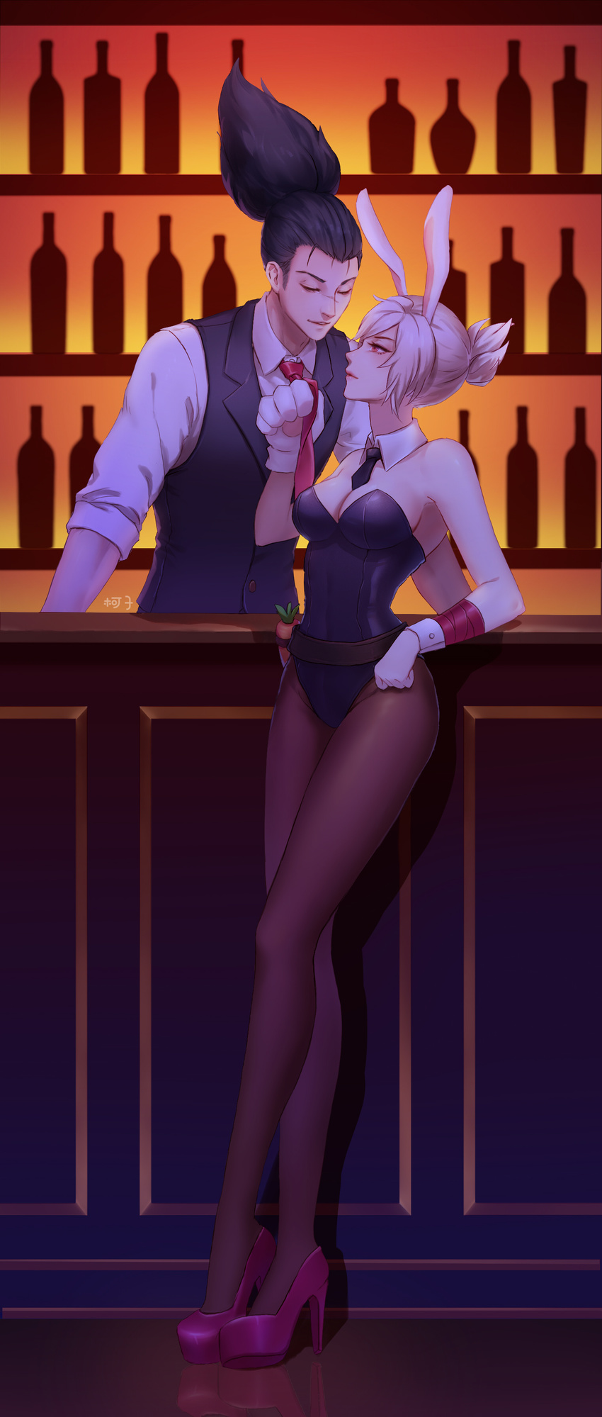 1girl absurdres alternate_costume animal_ears bar bartender battle_bunny_riven black_hair bottle breasts bunny_ears bunny_girl bunnysuit cleavage detached_collar dress_shirt eye_contact facial_scar folded_ponytail gloves high_heels highres kezi league_of_legends looking_at_another medium_breasts necktie necktie_grab neckwear_grab nose_scar pantyhose pink_eyes riven_(league_of_legends) scar shirt short_hair single_glove vest white_hair wrist_cuffs yasuo_(league_of_legends)