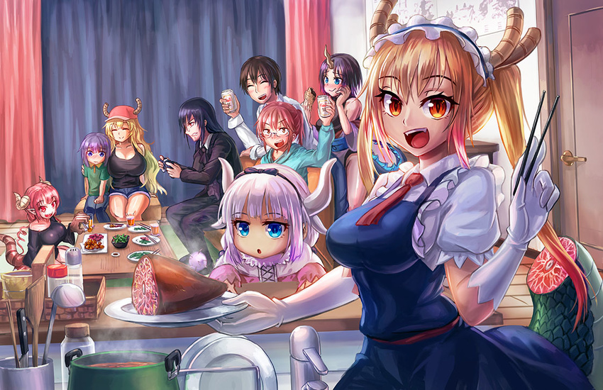 6+girls :&gt; :d :o ^_^ antlers apron arm_around_waist backlighting bangs baseball_cap beer_can black_hair black_pants black_shirt blonde_hair bloom blue_pants blush breasts brown_eyes brown_hair can chopsticks clenched_hand clenched_teeth closed_eyes collarbone commentary_request controller counter curtains dinner door dragon_girl dragon_horns dragon_tail_roast dragon_tail_steak drunk elma_(maidragon) embarrassed eyebrows_visible_through_hair fafnir_(maidragon) fangs faucet food formal freeze-ex frilled_apron frills game_controller glass glasses gloves green_hair green_shirt hand_on_own_cheek hat holding holding_can hood hoodie horn horns indoors iruru kanna_kamui kobayashi-san_chi_no_maidragon kobayashi_(maidragon) ladle large_breasts lavender_hair long_hair long_sleeves looking_at_viewer magatsuchi_shouta maid multicolored_hair multiple_boys multiple_girls nose_blush on_counter open_mouth pants parted_bangs pink_hair plate playing_games pointy_ears ponytail pot purple_hair quetzalcoatl_(maidragon) red_eyes red_hair rimless_eyewear severed_tail shirt short_hair shorts sitting sleeveless sleeveless_shirt slit_pupils smile spatula square_necktie standing steam streaked_hair suit table takiya_makoto tank_top teeth tooru_(maidragon) twintails v-shaped_eyebrows very_long_hair white_gloves white_shirt wooden_floor