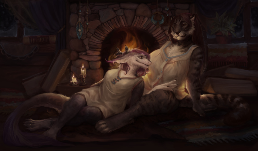 anthro book candle cheek_tuft claws clothed clothing dark duo felid female female/female fire fireplace fur gown hair inside long_hair mammal navel night pantherine pink_hair plant raventenebris reclining romantic_couple sergal striped_fur stripes tiger tuft white_belly window