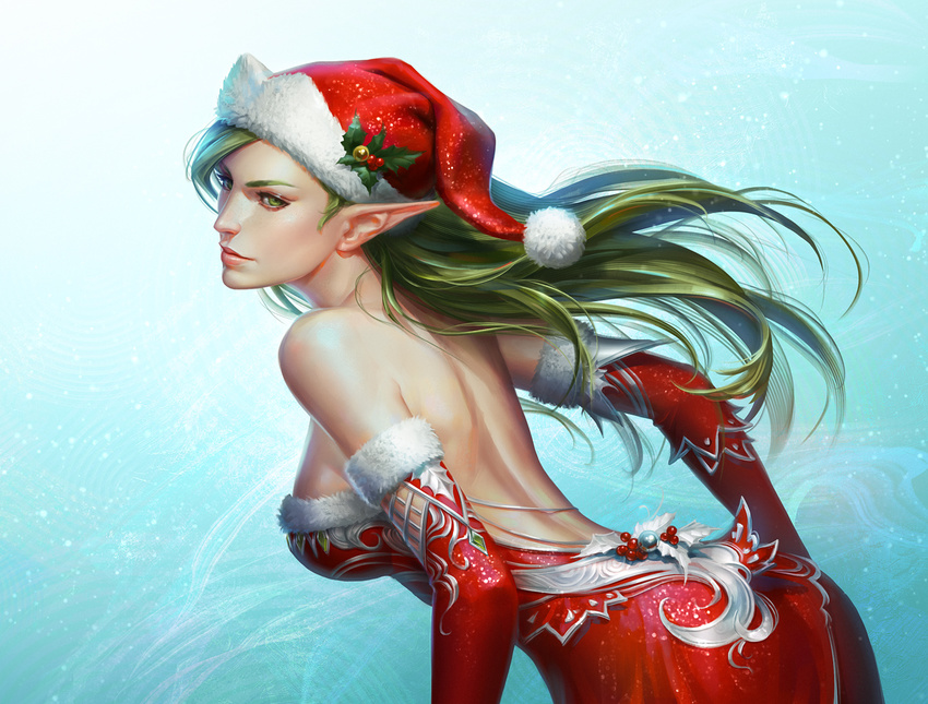 christmas closed_mouth commentary detached_sleeves dress elf expressionless from_side fur_trim green_hair hat holly long_hair long_pointy_ears original pointy_ears red_dress santa_hat sleeveless sleeveless_dress solo strapless strapless_dress tatiana_kirgetova