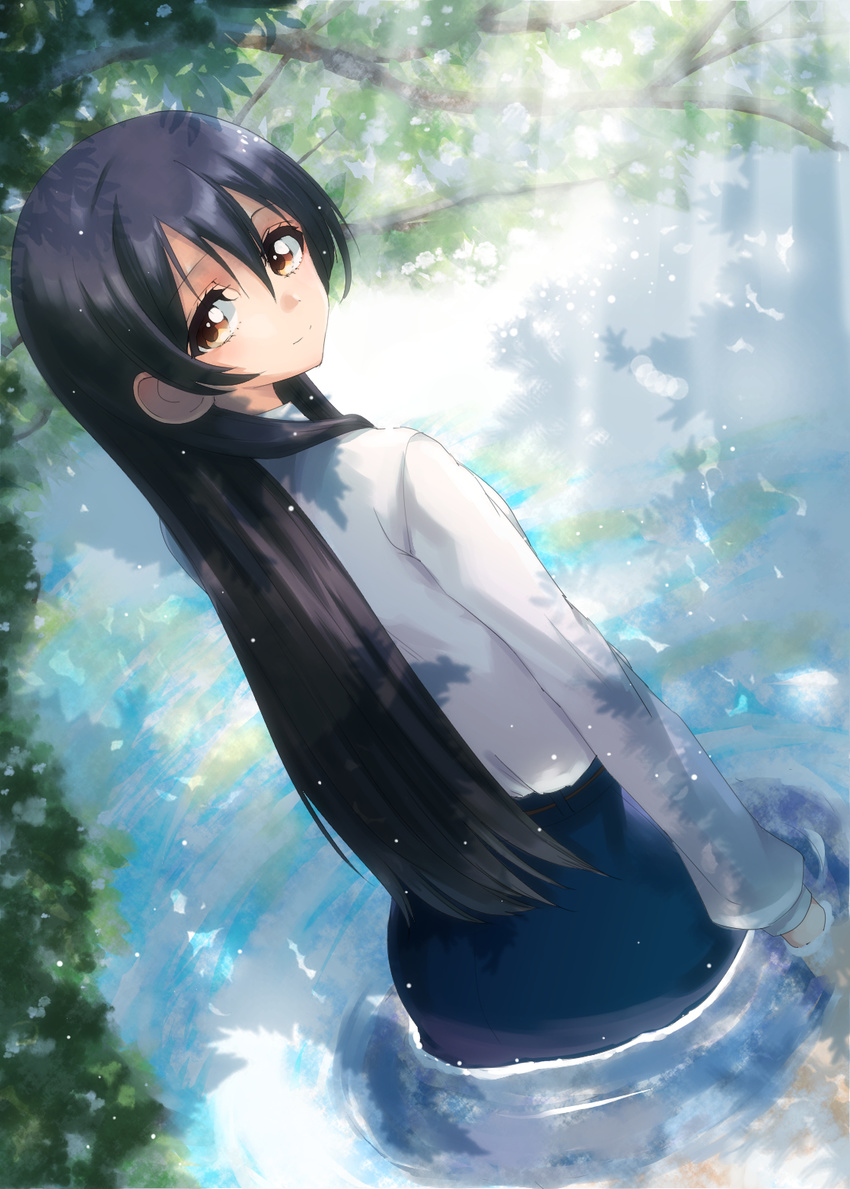 arms_at_sides black_hair blue_skirt brown_eyes closed_mouth cream_(nipakupa) dappled_sunlight day dutch_angle from_behind hair_between_eyes highres light_rays long_hair looking_at_viewer looking_back love_live! love_live!_school_idol_project outdoors pond skirt smile solo sonoda_umi standing straight_hair sunbeam sunlight tareme tree_branch very_long_hair wading water