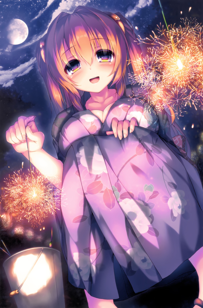 :d absurdres bangs blush breasts brown_hair bucket cassini_m_bisuko cleavage cloud cloudy_sky collarbone eyebrows_visible_through_hair fingernails fireworks floral_print from_below hair_between_eyes hair_ornament hand_on_own_knee highres holding japanese_clothes kimono large_breasts long_hair long_sleeves looking_at_viewer night night_sky open_mouth original outdoors purple_eyes round_teeth sandals senkou_hanabi sky smile solo sparkler squatting star_(sky) starry_sky syroh teeth tree two_side_up yukata
